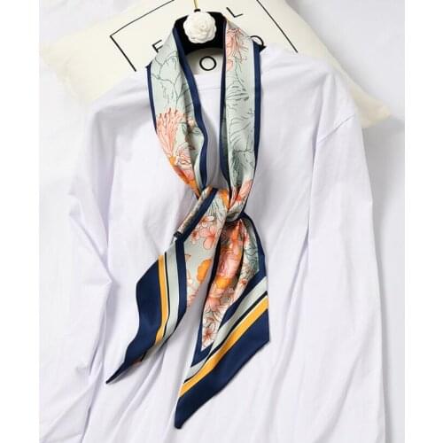 Peony Printing Women Hair Tie Band Kerchief Wrist Ribbons Fashion Head Neck Satin Bag Scarves Long Silk Scarf 2021