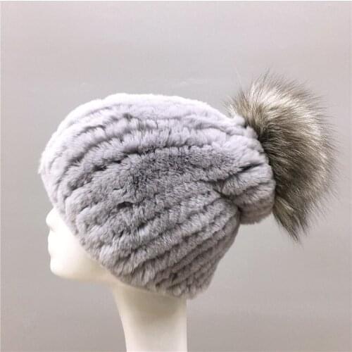 Lady Winter Real Rex Rabbit Fur Hats Women Warm Knitted Fur Cap with Genuine Fox Fur Top H10