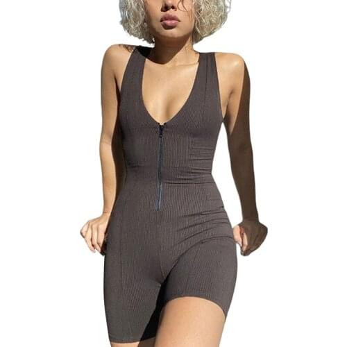 IMCUTE Women Ribbed Sexy Romper Jumpsuit Sleeveless V Neck Zipper Mini Playsuits Female Sexy Skinny Stretch Fitness Club Clothes