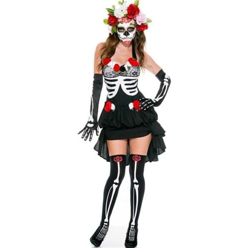Adult Skeleton Day of The Dead Costume Womens Sexy Sugar Skull Dia Flower Fairy Black Halloween ghost vampire bride Fancy Dress