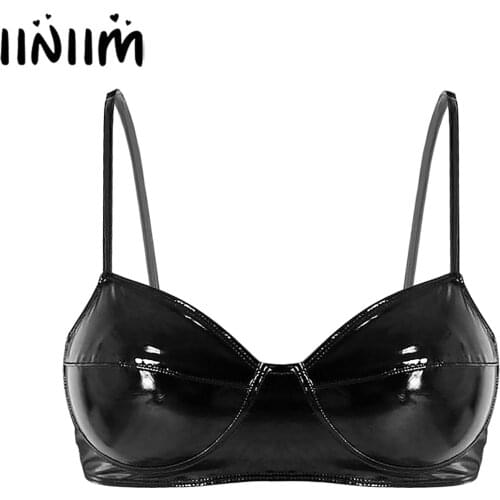 Womens Ladies Lingerie Exotic Bras Fashion Wetlook Faux Leather Wire-free No Pad Bra Top for Pole Dance Latex Sexy Clubwear