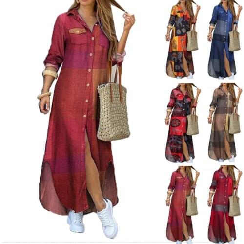 Long Sleeve Dress Checked Plaid Print Maxi Beach Dresses Summer Autumn Vintage Women Button Split LKX1046