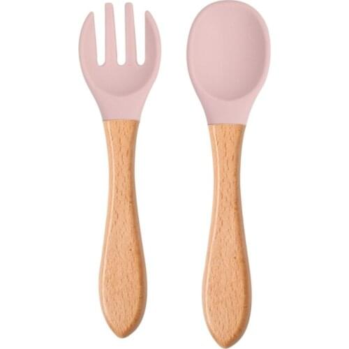 2Pcs Silicone Tips Baby Feeding Training Spoon and Fork Set with Wooden Handle