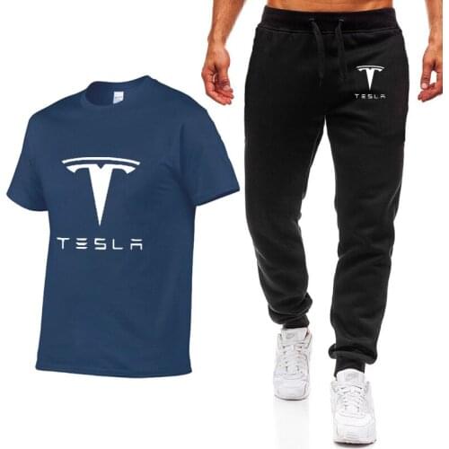 2021 Fashion Summer Men T Shirts Tesla Car Logo Print Casual Cotton Short Sleeve high quality T-shirt pants suit Men Clothing