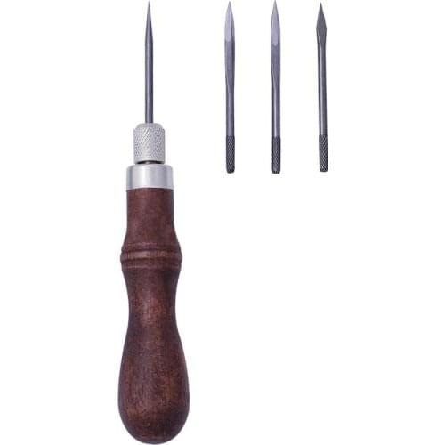 4PCS Leather Craft Sewing Awl DIY Wood Handle Leather Stitching Awl Hand Stitching Awl Tools Canvas Leather Craft Sewing