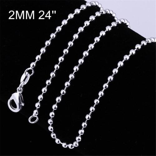 5PCS New 925 Silver Smooth Round Bead Necklace 2mm 18 Inch 24 Inch Female Charm Fashion Jewelry Gift For Engagement Wedding