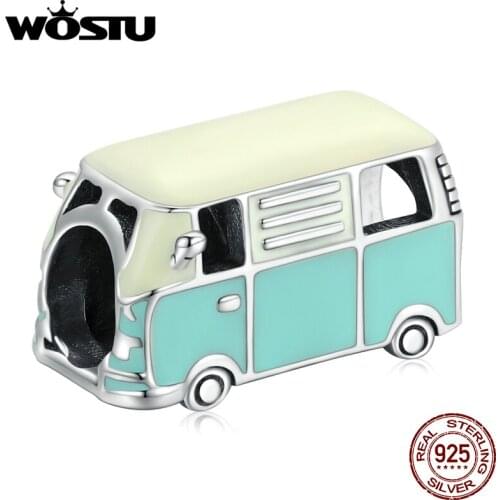 WOSTU 2021 925 Sterling Silver Orange Minibus Car Pendant Charm Beads Fit Original Bracelet DIY Jewelry CQC1972