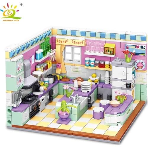 HUIQIBAO 595pcs City Kitchen Play House Model Micro Building Blocks City Cooking Utensil Street View Mini Bricks Toys Children
