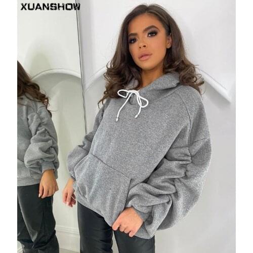 XUANSHOW Autumn Winter Hoodies Women Cotton Loose Long Ruched Sleeve Puff Oversized Casual Pockets Pullover Hooded Sweatshirts