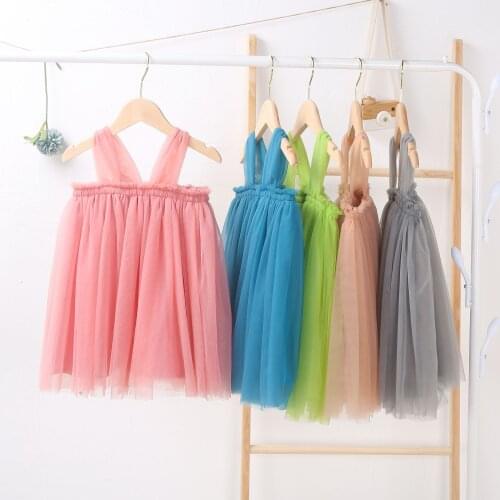 Ins New One-year-old Baby Dress Childrens Girls Sling Net Yarn Princess Dress Toddler Girl Solid Suspender Vests Dresses 2-7Y