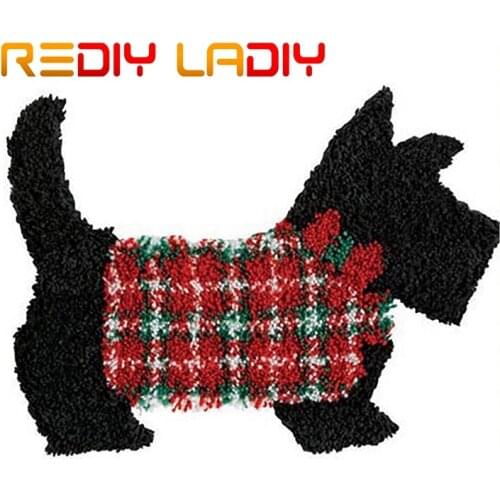 Latch Hook Rug Kits Crocheting Carpet Rug Black Dog Acrylic Yarn Pre-Printed Canvas Cushion Mat DIY Crochet Tapestry Sofa Decor