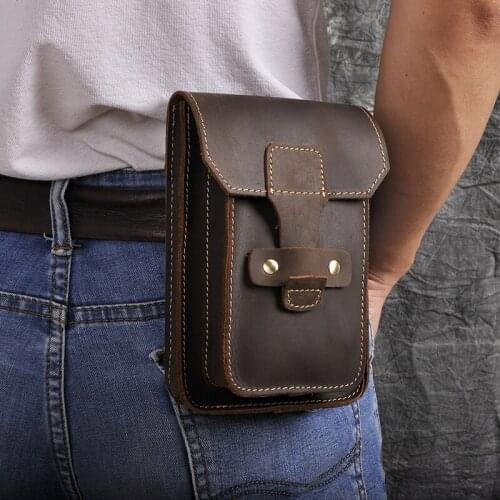 Men Fashion Quality Leather Small Summer Pouch Hook Design Travel Cigarette Case 7" Phone Pouch Fanny Waist Pack Belt Bag 9966