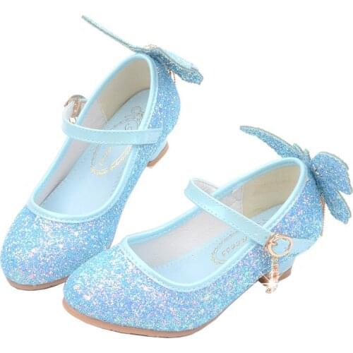 New Girls Performance High Heels Princess Shoes Frozen Sequined Leather Shoes New Spring and Autumn Girls Butterfly Shoes 26-38