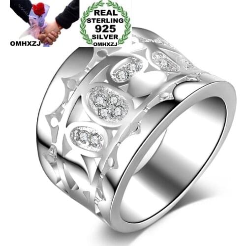 OMHXZJ Wholesale Personality Fashion OL Woman Girl Party Wedding Gift Wide Luxury AAA Zircon 925 Sterling Silver Ring RN193