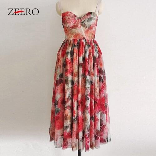 Summer Woman Sleeveless Tube Top Collar Sling Print Sexy Midi Dress Women Multi-layer Lace Net Yarn A-line Pleated Holiday Dress