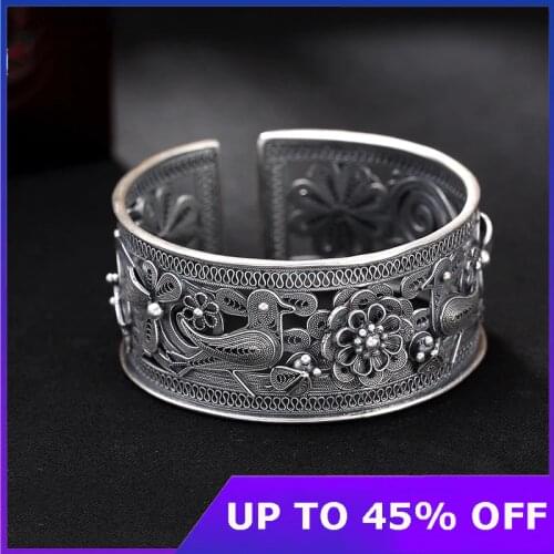Real 990 Pure Silver Exaggerated Wide Bangles Women Thai Silver Flowers Bracelets Personalized Filigreed Birds Bangle Jewelry