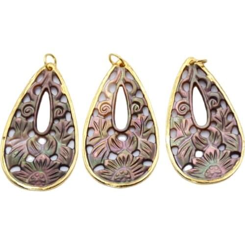 Hand carved Teardrop shell pendant Gold Plating Natural Rainbow Shell Charm Polish Beach Sea Shells Gem Stone Bead Boho Jewelry