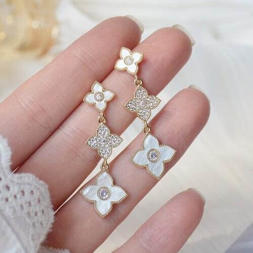 Romantic 14K Real Gold Shell Flower Stud Earrings Japanese&Korea Delicate Jewelry Zircon Long Earrings for Women