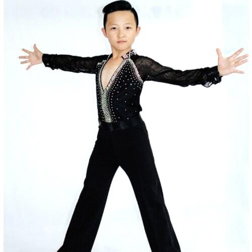 High Quality Boys Latin Dance Competition Tops Long-Sleeved Rhinestone Lace Shirt ChildrenS Performance Ballroom Jacket DL4049