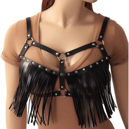 Sexy Pu Leather Harness Tassel Bra Belts Women Body Bondage Cage Leisure Ladies Chest Straps Suspenders Dance Party Accessory