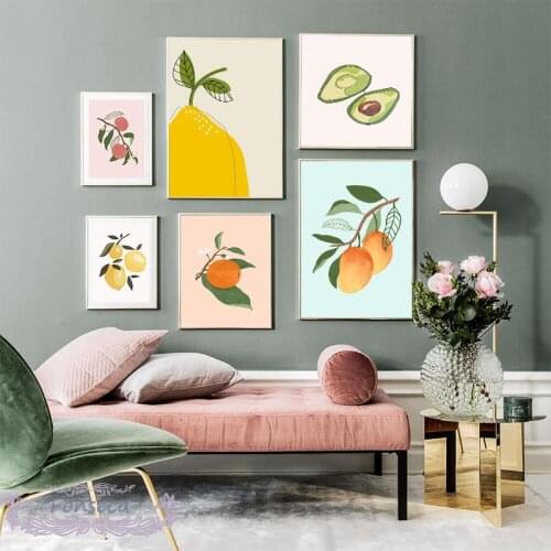 Nordic Fruit Canvas Paintings Lemon Orange Peach Avocado Posters and Prints Minimalist Wall Art Pictures for Living Room Decor