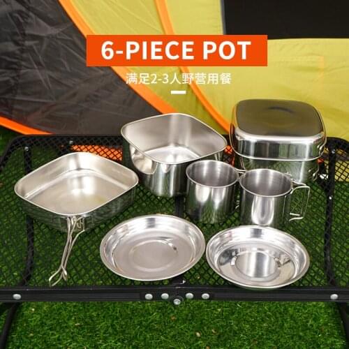 Outdoor Foldable Stainless Steel Cup And Bowl Pot 6-Piece Set Portable Camping Utensils 3-4 Person Barbecue Pot Equipment Tools
