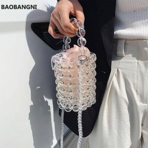 Hollow Pearl Evening Bags Women Luxury Small Beaded Handbags Ladies Woven Shoulder Bag Wedding Party Transparent Bead Handbag