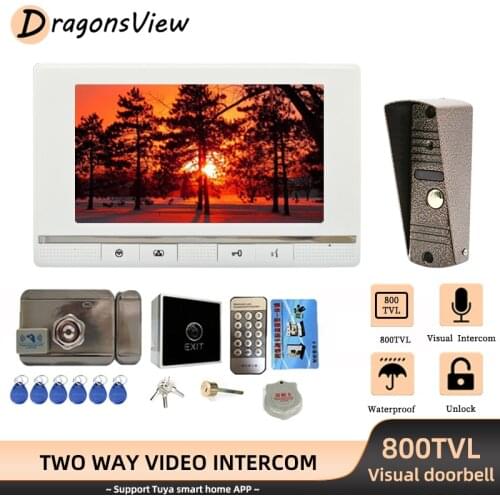 DragonsView Video Home Intercom with Electric Lock 800TVL IP65 Outdoor Doorbell Camera 7 Inch Wired Entry Door Phone System