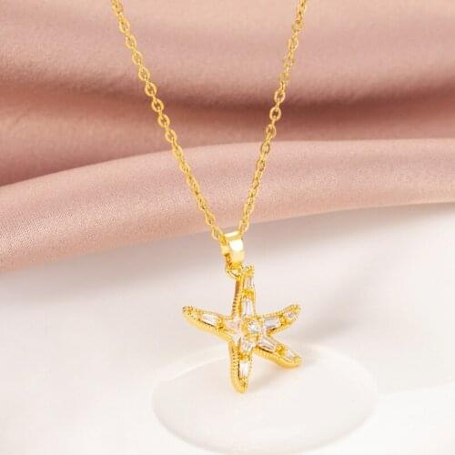 New Trendy Summer Style Crystal Beach Star Pendant Ladies Necklaces Women Elegant Stainless Steel Clavicle Necklace Jewelry Gift