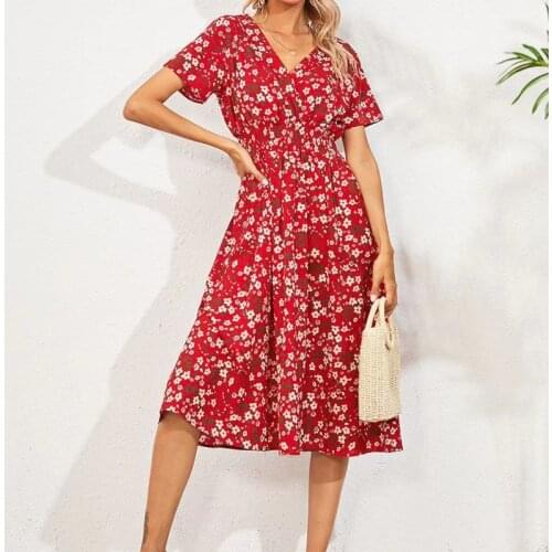 2021 summer New fashion all-match ladies small floral printing Short Sleeve A-line Chiffon Beach Midi Dress Red Robe Vestidos