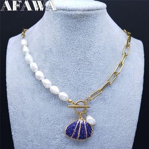 2021 Fahshion Purple Shell Pearl Stainless Steel Chain Necklace Women/Men Gold Color Necklaces Jewelry bijoux femme NI55S01