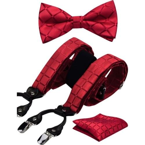 Ricnais 3PCS Adjustable Elasticated Y Shape 6 Clips Suspenders Bowtie Handkerchief Set Suit Mens Business Wedding Paisley Set