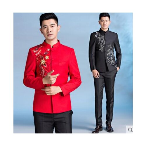 Blazer men formal dress latest coat pant designs marriage suit mens Chinese tunic suit wedding suits for mens stand collar red