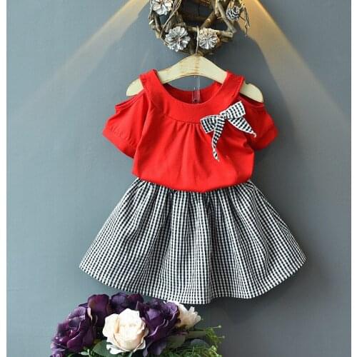 Childrens summer suit girls new Korean baby girls off shoulder short sleeve top plaid skirt two piece set