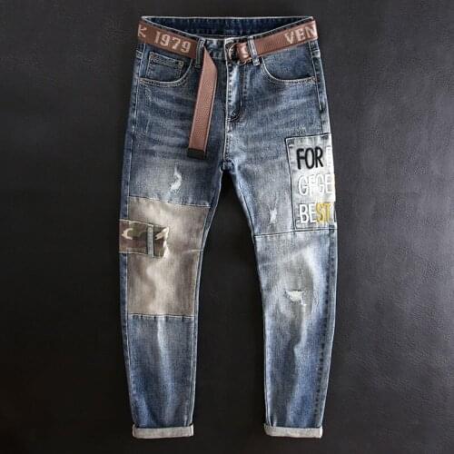 European American Street Fashion Men Jeans Elastic Slim Fit Ripped Jeans Men Embroidery Patchwork Designer Hip Hop Denim Pants