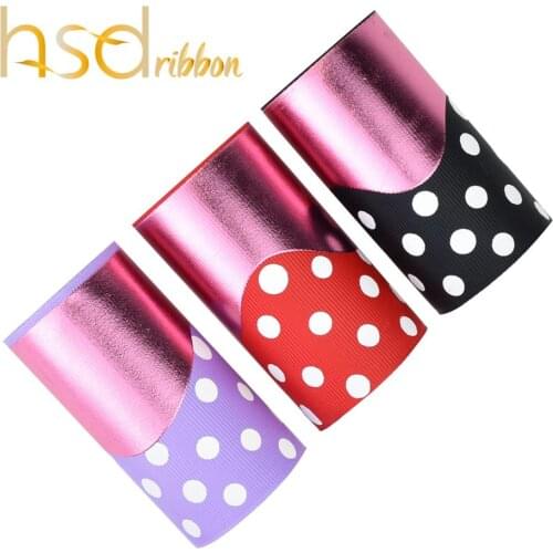 HSDRibbon 75MM 3 inch designer custom hsd-design Pink cream Foil on White Dot Grosgrain Ribbon