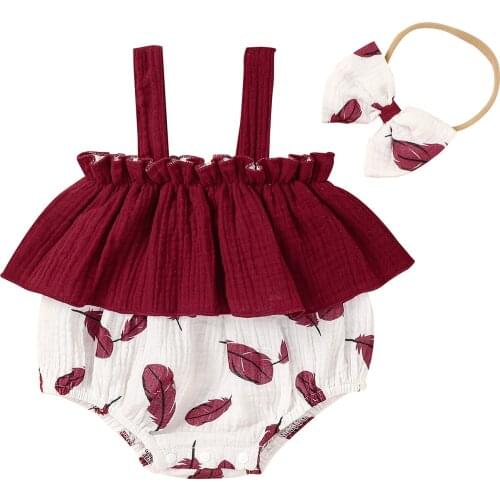 Toddler Baby Girls Clothes Two-piece Clothes Set Wine Red Boat Neck Sleeveless Romper With Headdress Childrens Clothing Summer