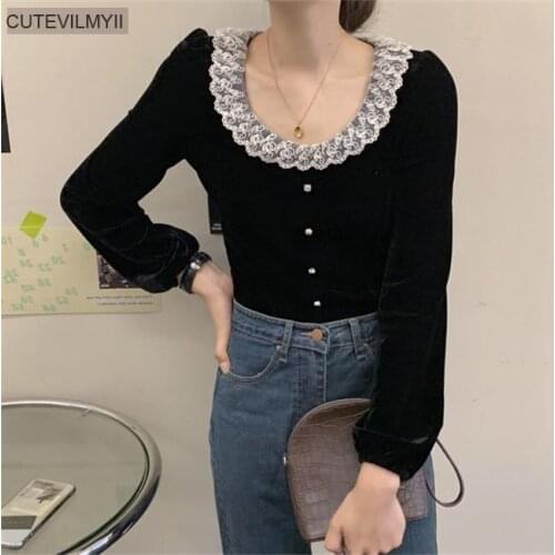 Korean Chic Spring Autumn Women Blouse Lace O Neck Slim Black Velvet Female Shirt Long Sleeve Elegant Feminine Ladies Shirts