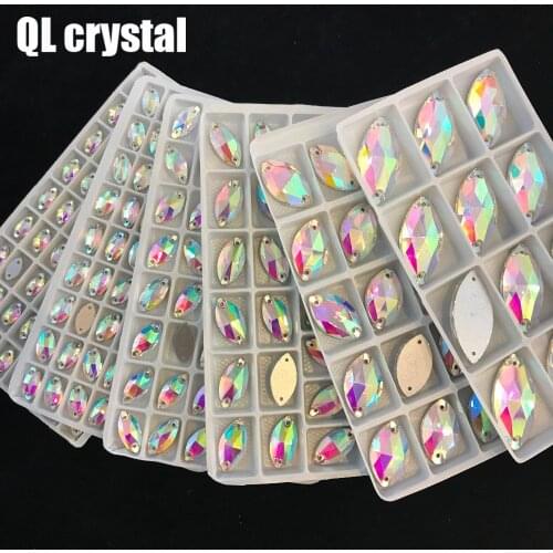 QL crystal Glass Crystal Navette Sew on Rhinestones Colors Crystal AB Flatbck Marquise for DIY garment bags shoes wedding veil