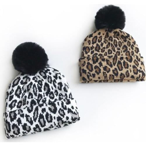 Menoea Baby Accessories Toddler Kids Girl Boy Infant Children Winter Warm Knit Leopard Hat Fur Balls Beanie Cap Parent-child Hat