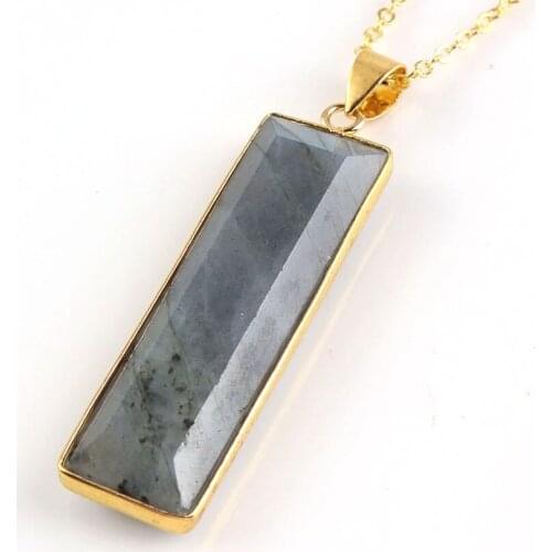 Trendy-beads Light Yellow Gold Color Labradorite Stone Long Rectangle Pendant Link Chain Necklace