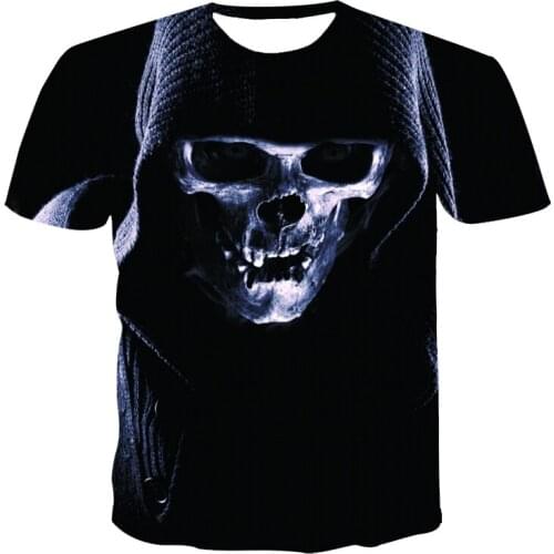 Summer Autumn Mens 3D Animation Tiger Skull Print Street Wear Casual Fashion Harajuku Top Black Short Sleeve T-Shirt
