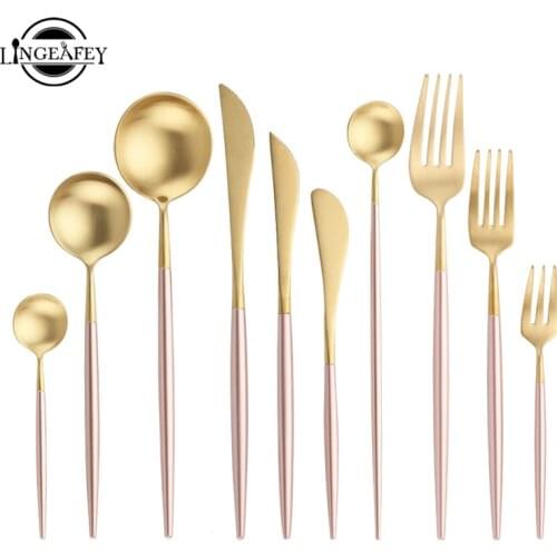 Steel Cutlery Set Pink Handle Gold Spoon Knife Fork Chopsticks Dessert Dinneware Western Teaspoons Tableware for Wedding Party
