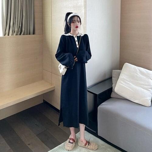 Hooded solid color knitted long-sleeved sweater slim stitching dress 2020 autumn womens fashion dress