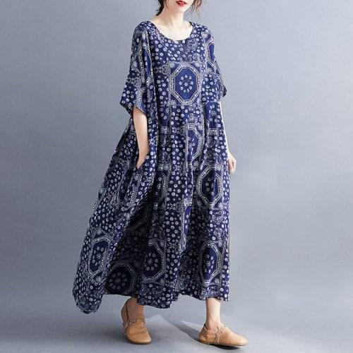 Cotton Dress Women Linen Plus Size Boho Dress Splice Kaftan Fashion Loose Long Maxi Dress With Pocket Summer Dresses Платье