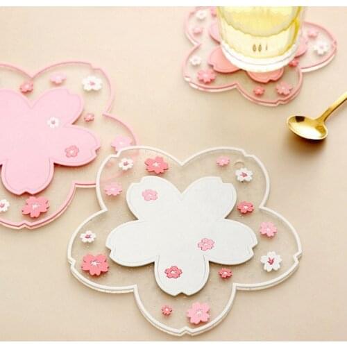 PVC Soft Rubber Table Pan Mat Flower Shape Heat Insulation Mat Can Hanging Non Slip Cherry Blossom Cup Mat