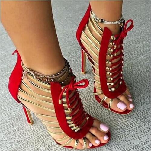 New Design Women Fashion Gold Strap Design Lace-up Cut-out High Heel Sandals Black Red Gladiator Sandals Dress Shoes