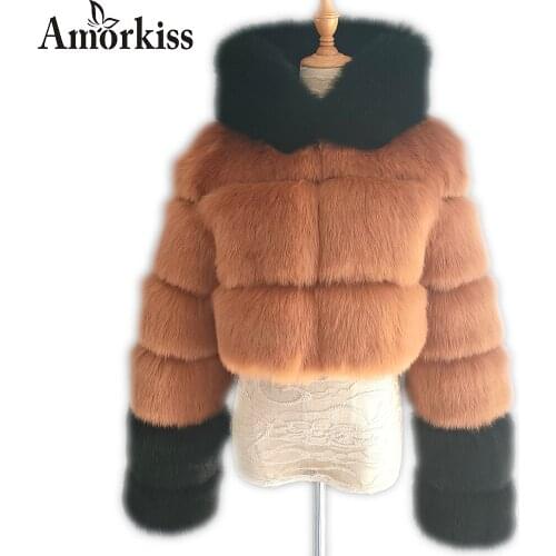 Amorkiss Winter Women High Quality Fluffy Faux Fur Coat Womens Winter Coat With Hat Fox Fur Stitching Color Matching Fur Coat
