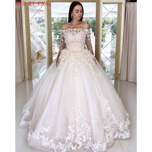 NUOXIFANG Princess Lace Applique Wedding Dress 2020 Off Shoulder Long Sleeves robe de mariee Princess Ball Gown Vestido De Novia