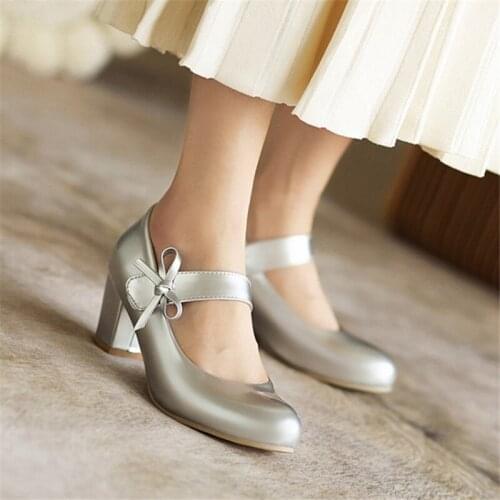 PXELENA 5 Colors Women Mary Janes Shoes Gold Silver Black White Pink High Heels Pumps Lady Dress Party Wedding Plus Size 34-43